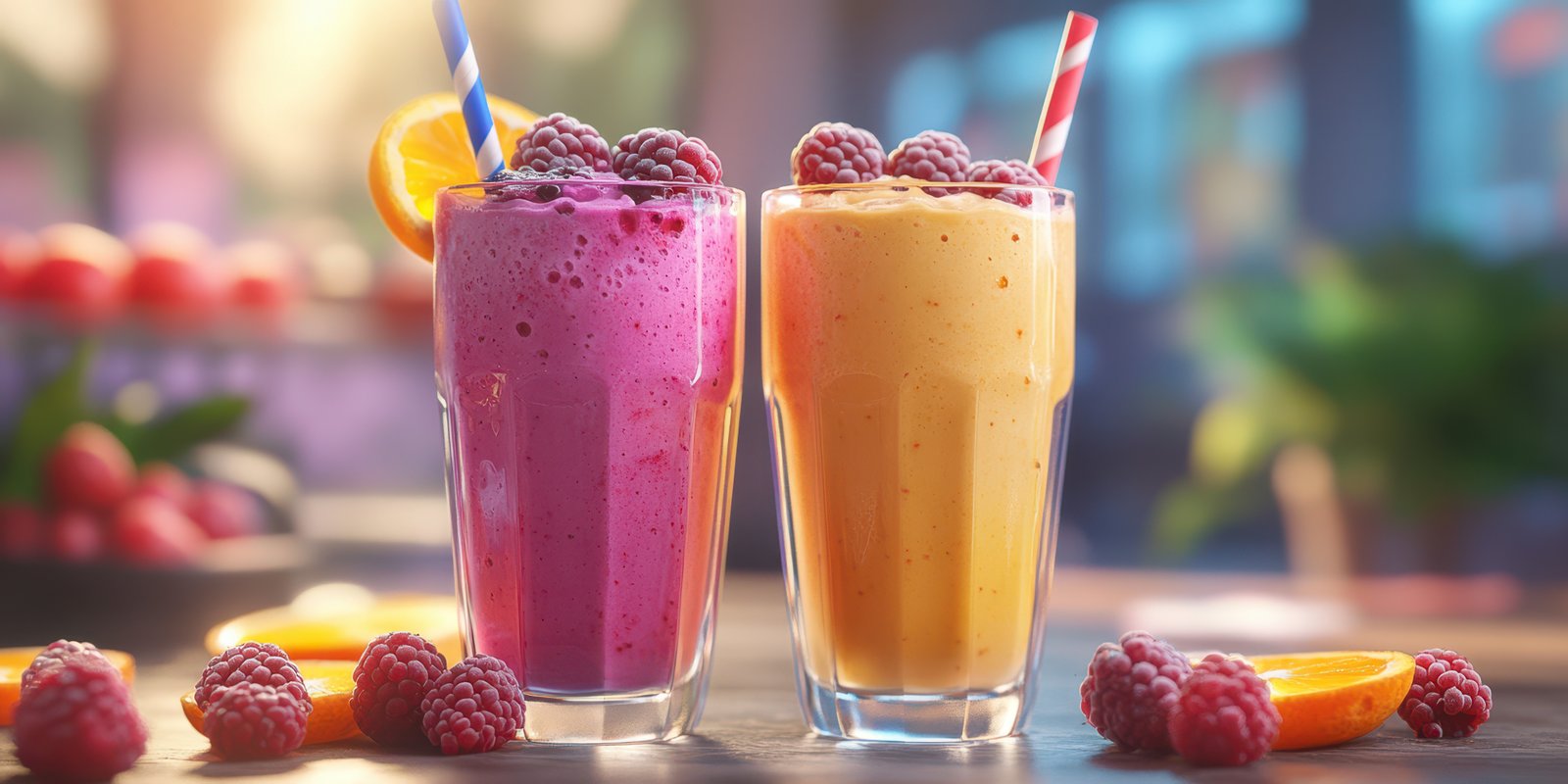 Refreshing fruit smoothies served in glasses with colorful straws and garnished with raspberries and orange slices